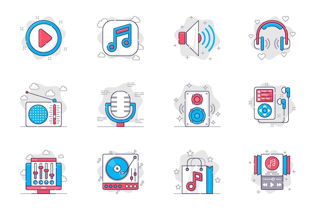 Music and radio station concept flat line icons set Musical equipment broadcasting for mobile app