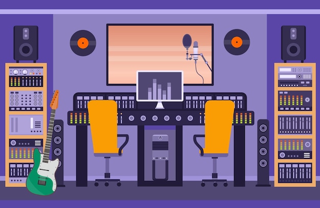 Vector music recording studio room with loudspeakers, guitar and control panels. radio booth for singer and bands. song audio record vector concept. illustration of studio sound music