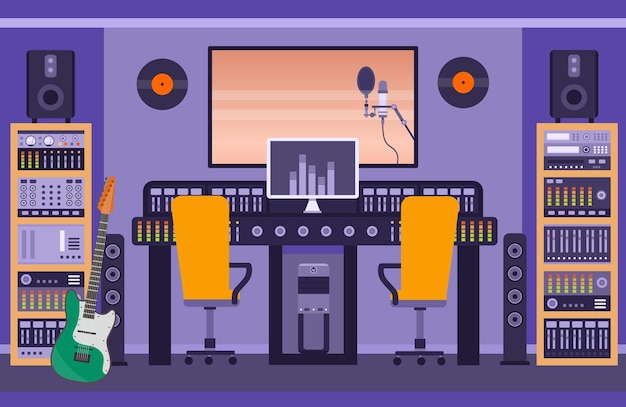 Vettore sala studio di registrazione musicale con altoparlanti, chitarra e pannelli di controllo. cabina radiofonica per cantanti e gruppi. concetto di vettore di registrazione audio di canzone. illustrazione della musica in studio