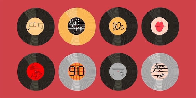 Music records 90s set retro vinyl elements vector illustration in flat style