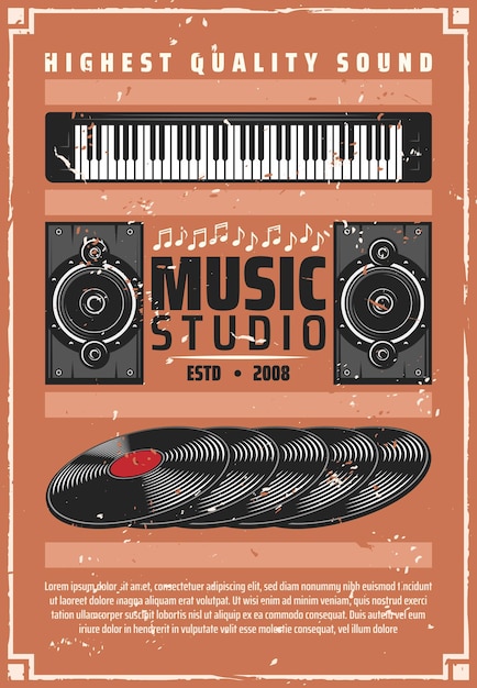 Poster retrò vettoriale in studio o negozio di dischi musicali