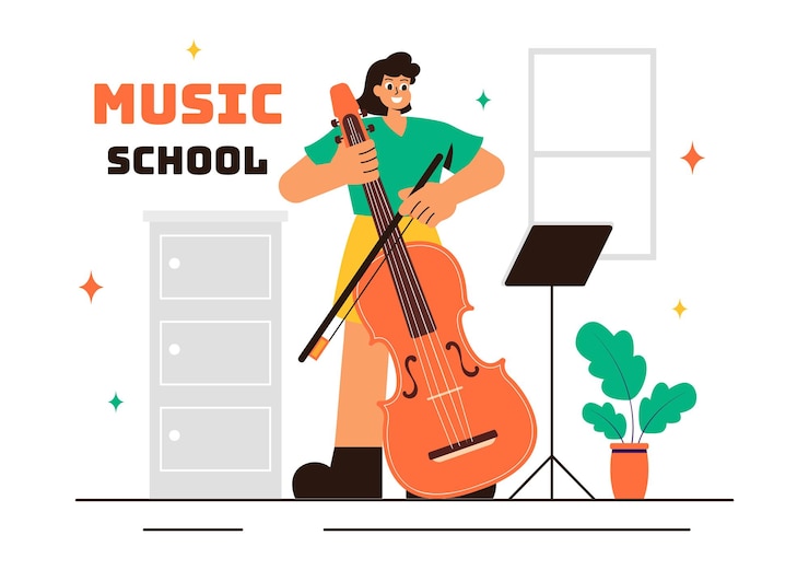 Vector music school illustration featuring various musical instruments learning music education and performing as musicians and singers in a background