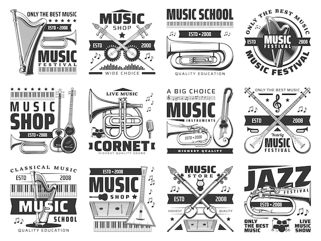 Фестиваль музыкальных магазинов и школьные ретро-векторные иконки