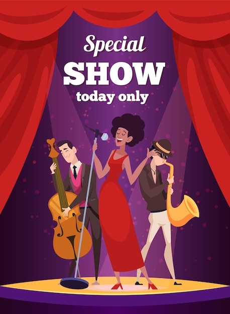 Vector music show poster invitation for night show singer and music and characters in cartoon style of music club poster show and night party event vector illustration