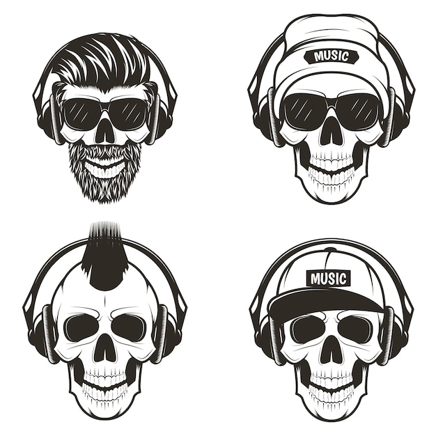 Music skull front view set vector hand drawn illustration