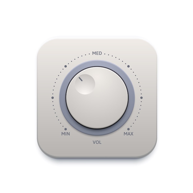 Vector music sound knob button, interface icon or audio control switch, vector. music sound volume level knob button or player tuner with max and min dial panel, music amplifier tuner app