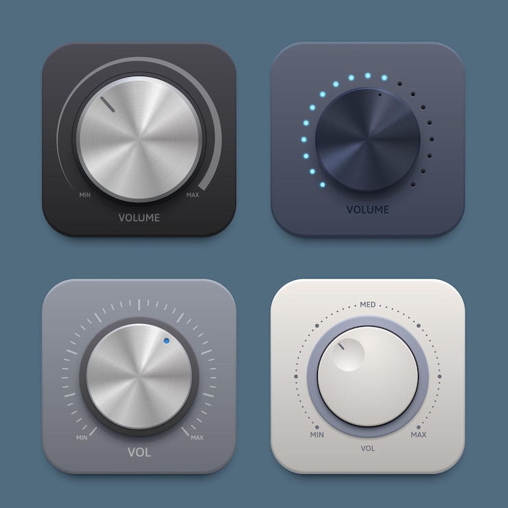 Vector music and sound volume knob button icons. metallic round tuner, audio stereo system vector 3d isolated knob button for mobile application, website ui graphic. min or max sound level, audio player app