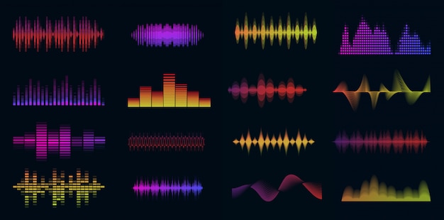 Vector music sound waves big colorful set.