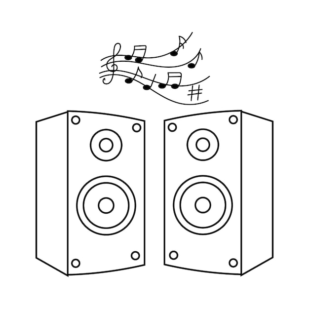음악 스피커 및 음표, 악기, 라인 아트. 스케치, 아이콘, 벡터