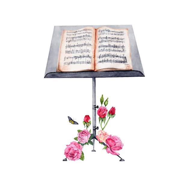 Vector music stand with sheet music decorated with roses watercolor illustration on white background