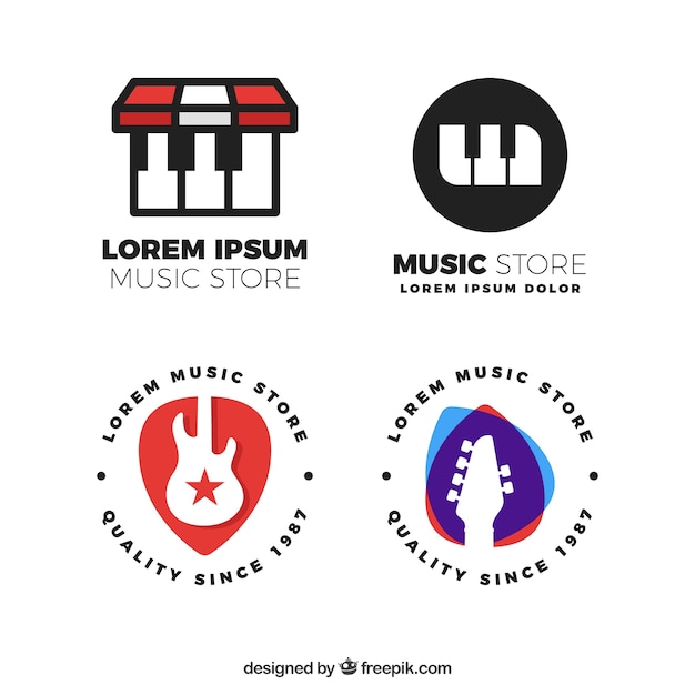 Collezione di logo del negozio di musica con design piatto