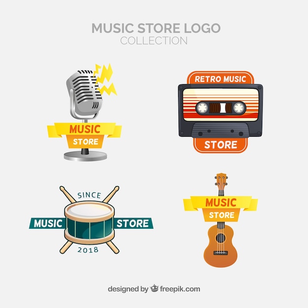 Collezione di logo del negozio di musica con design piatto