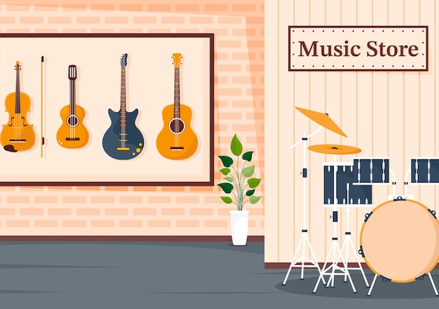 Negozio di musica con vari strumenti musicali e registrazione audio nell'illustrazione del modello di stile piatto