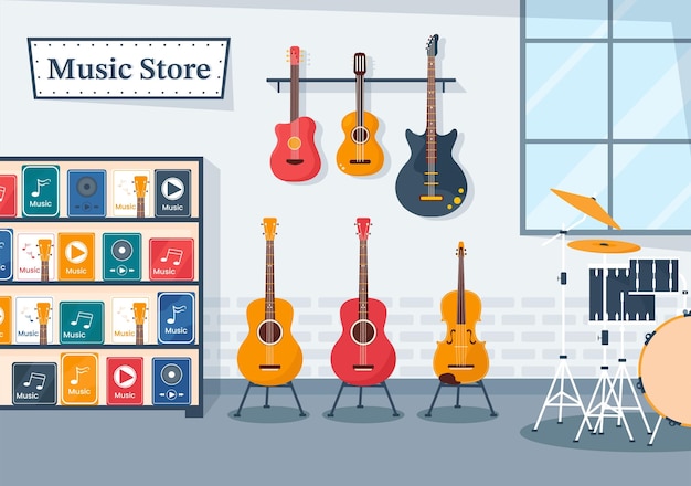 Music Store with Various Musical Instruments and Audio Recording in Flat Style Template Illustration