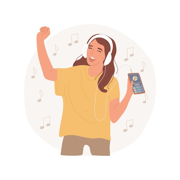 Музыкальное приложение изолированного мультфильма векторная иллюстрация красивая подростка в наушниках смеется