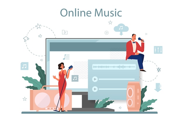 Vector music streaming service and platform. streaming music online from different device. performer singing with microphone. vector flat illustration