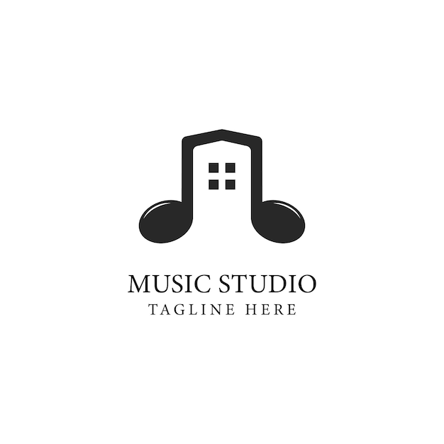 Music studio logo design vector template with note icon and house