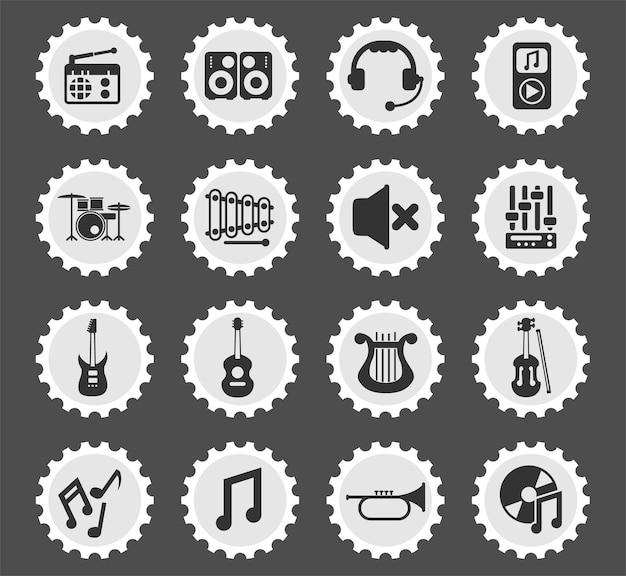 Music symbols on a round postage stamp stylized icons