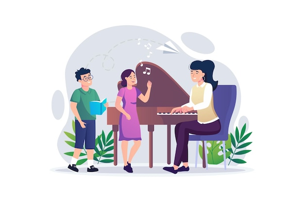 Music teacher concept with people scene in the flat cartoon style