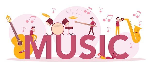 Music typographic header concept set. young performer playing music with professional equipment. talented musician playing musical instrumentss. .