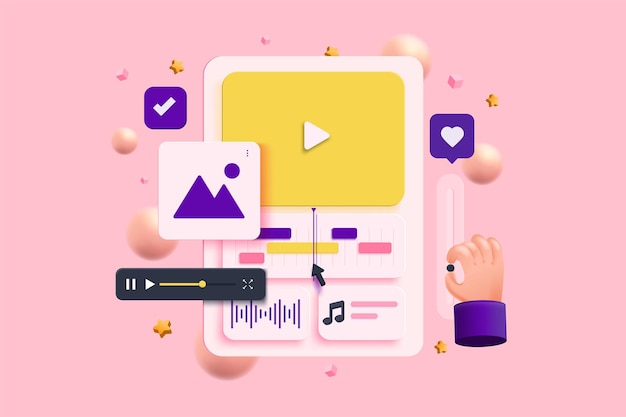 Vector music video edits cuts footage and marketing on computer monitor motion vlog movie cartoon minimal style on pink background 3d vector illustration