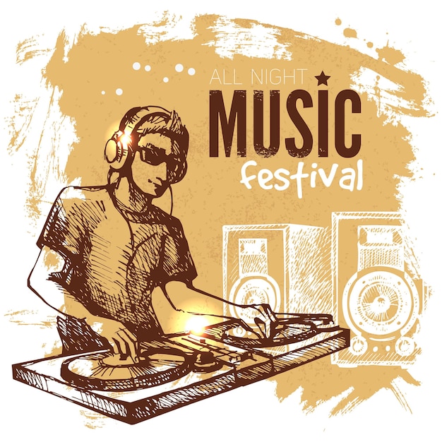 Music vintage background. splash blob retro design. music festival poster. hand drawn sketch vector illustration