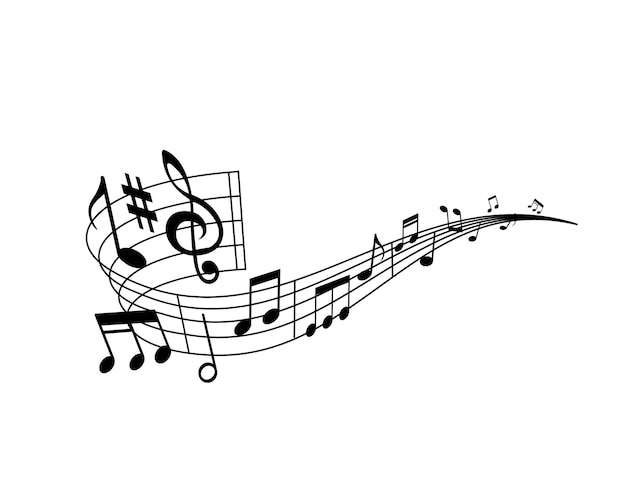 Music wave of musical staff, notes, sharp key, treble clef and bar lines. Vector round swirl with musical notation symbols of classic melody, tune or song, isolated curve of sheet music for piano