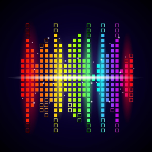 音楽の波の背景。色付きのイコライザーは、音声視覚化スタジオのロゴタイプを形作ります。