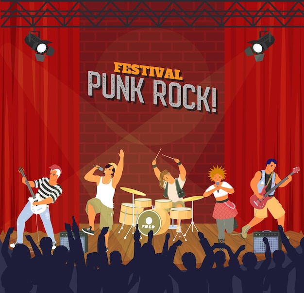 Vector musical band performing on stage of punk rock festival