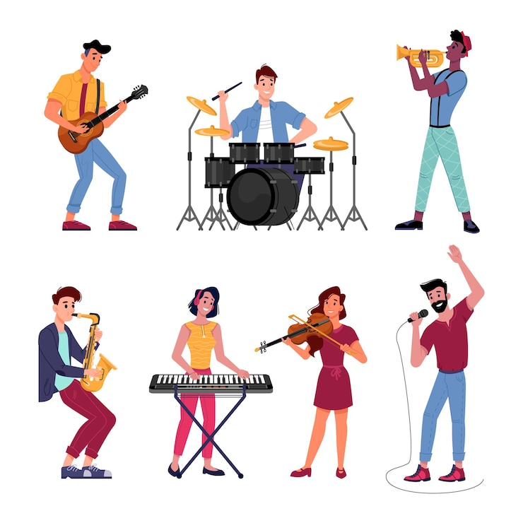 Vector musical band singer drum set player live music