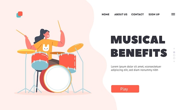 Musical benefits landing page template girl playing drums performance on stage or exam kid take part in talent show