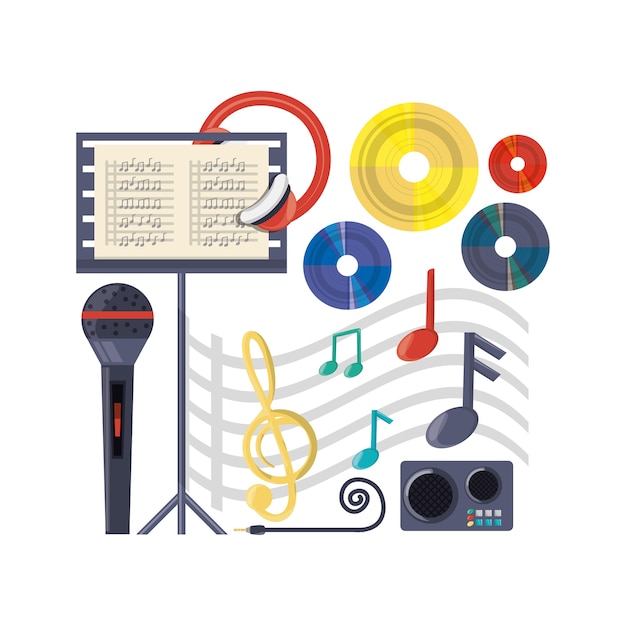 Vector musical concept with microphone amplifier and music sheet