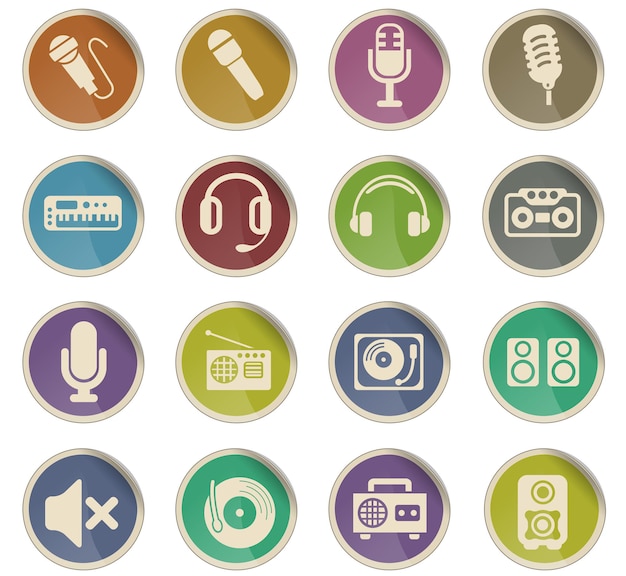 Vector musical equipment web icons in the form of round paper labels