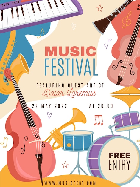 Musical festival poster Jazz band party invitation different instruments strings percussion and wind Modern and ethnic music vertical advertising banner vector isolated concept