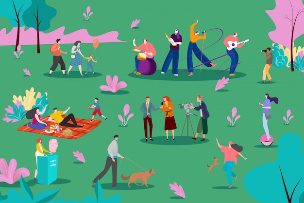 musical group perform at park,  illustration. people listen to instrumental song at nature, picnic and walking characters.