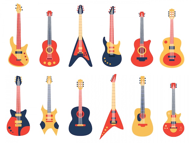 Musical guitar. Acoustic, electric rock and jazz guitars, retro strings guitars, music band instruments  illustration set. Guitar instrument for rock, electric and acoustic musical bass