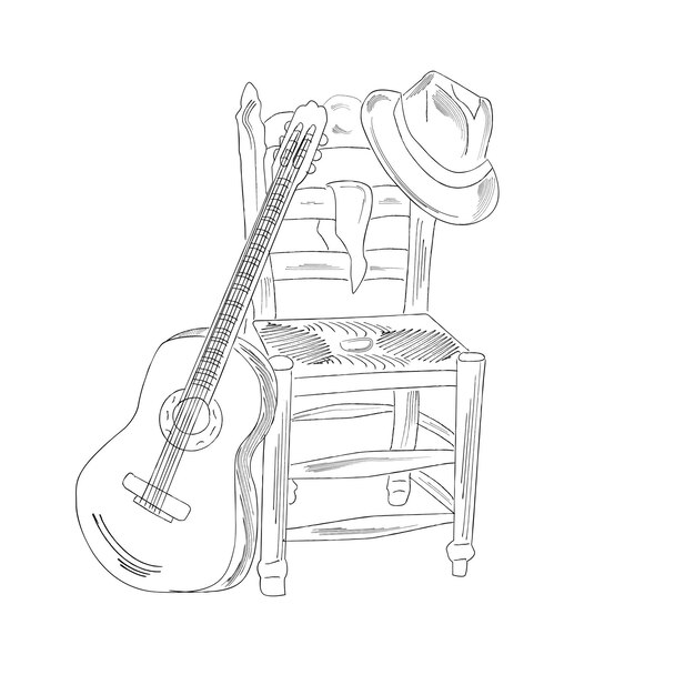 Musical guitar festival Guitar chair and hat Vector vintage illustration Country