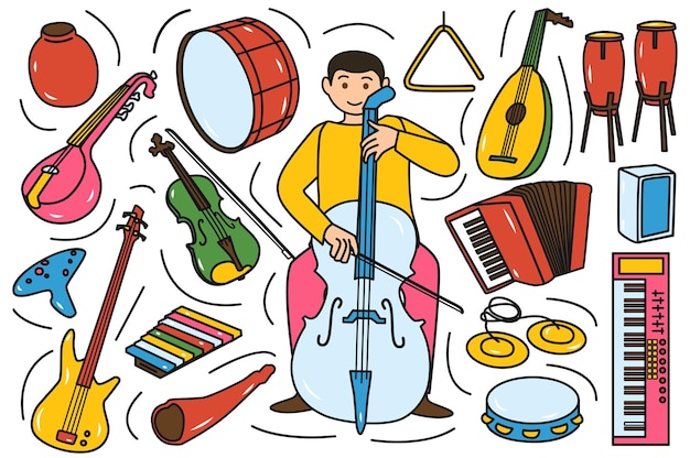 Vettore adesivi colorati per strumenti musicali dal design piatto dalle chitarre ai pianoforti, questi strumenti da cartone animato