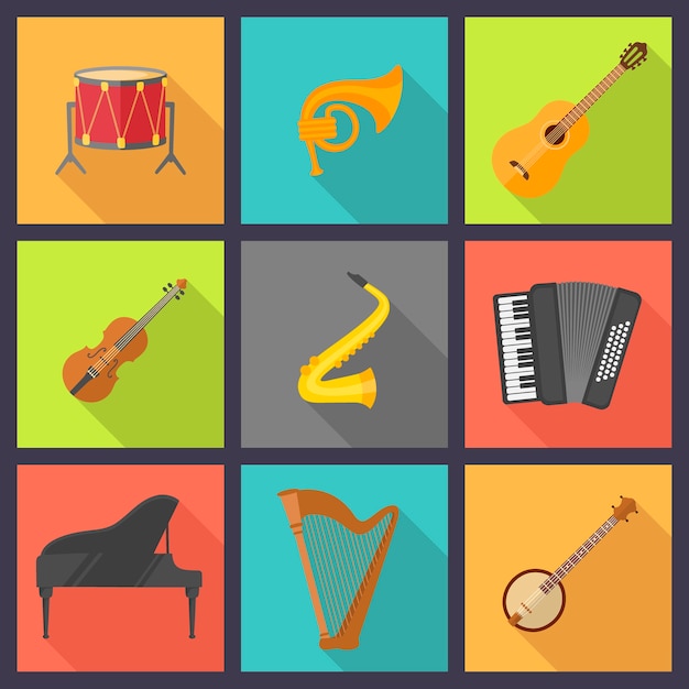 Musical instrument set in colorful squares