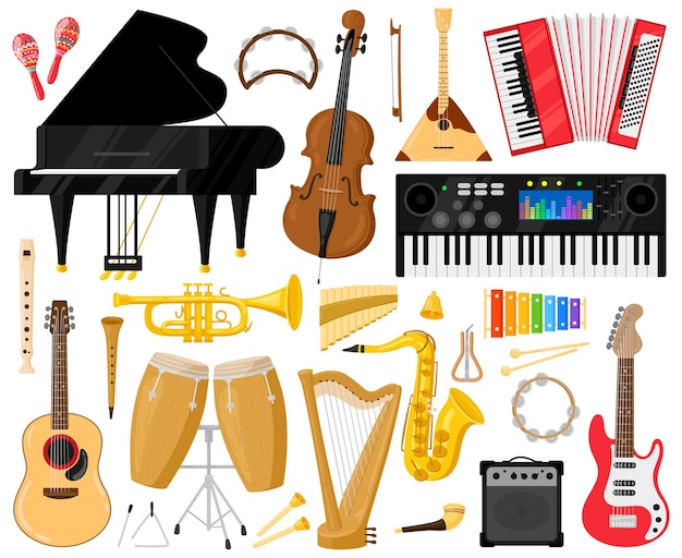 Vector musical instruments. cartoon music band instruments, piano, drums, harp and synthesiser vector symbols set. orchestra or classical music instrument