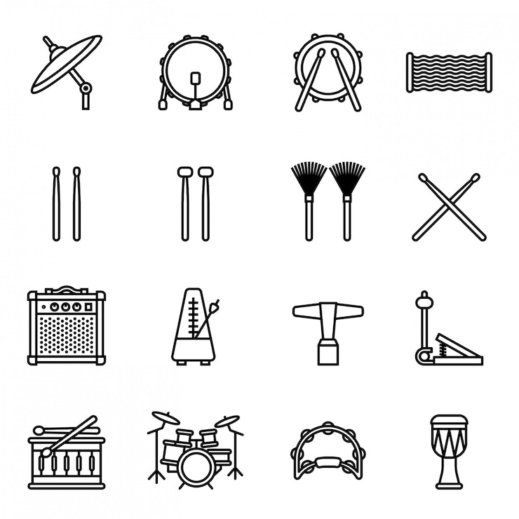 Vector 楽器：ドラムキットアイコンは、白い背景で設定します。細い線スタイルのストックvecto
