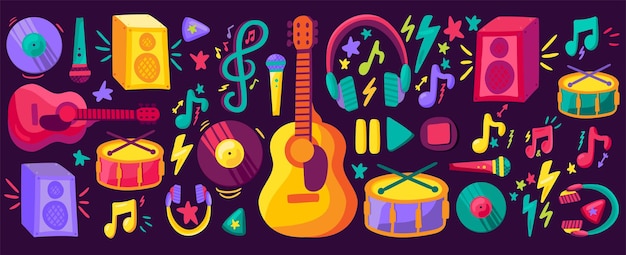 Musical instruments flat cliparts set Hand drawn guitar drums records collection Stickers pack