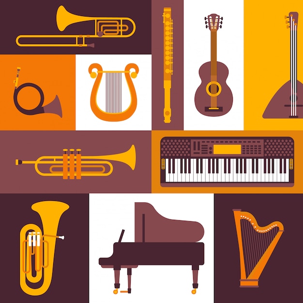 Иллюстрация значков стиля музыкальных инструментов плоская. коллаж из изолированных эмблем и наклеек. фортепиано, клавишные, флейты, духовые и струнные инструменты.
