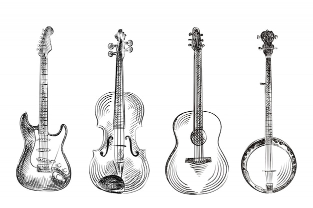 Musical instruments hand drawn sketch, illustration