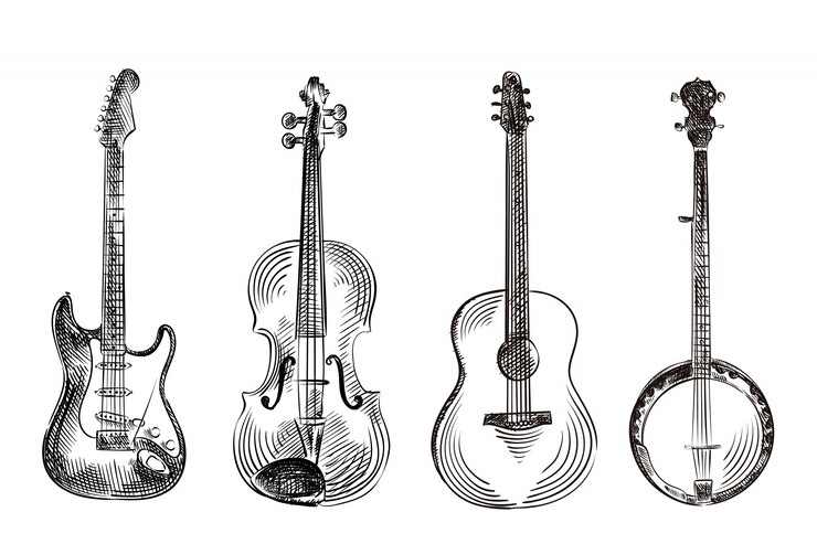 Vector musical instruments hand drawn sketch, illustration