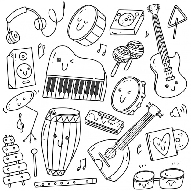 Vettore linea musicale di doodle di strumenti musicali kawaii