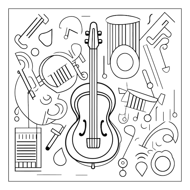 Musical instruments line art for coloring book