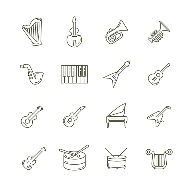 musical instruments line icon set with guitar piano drums