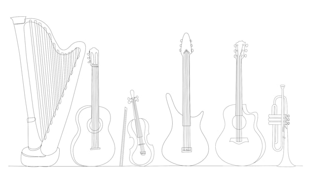 Musical instruments one continuous line drawing isolated vector