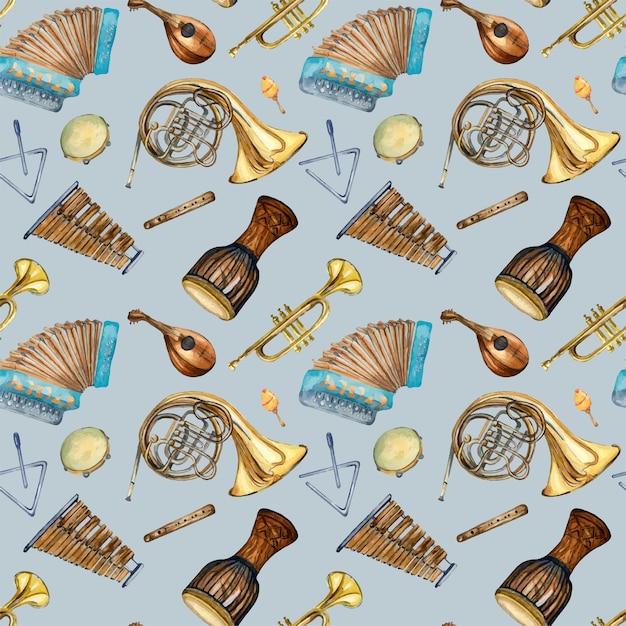 Musical instruments seamless pattern watercolor isolated on blue